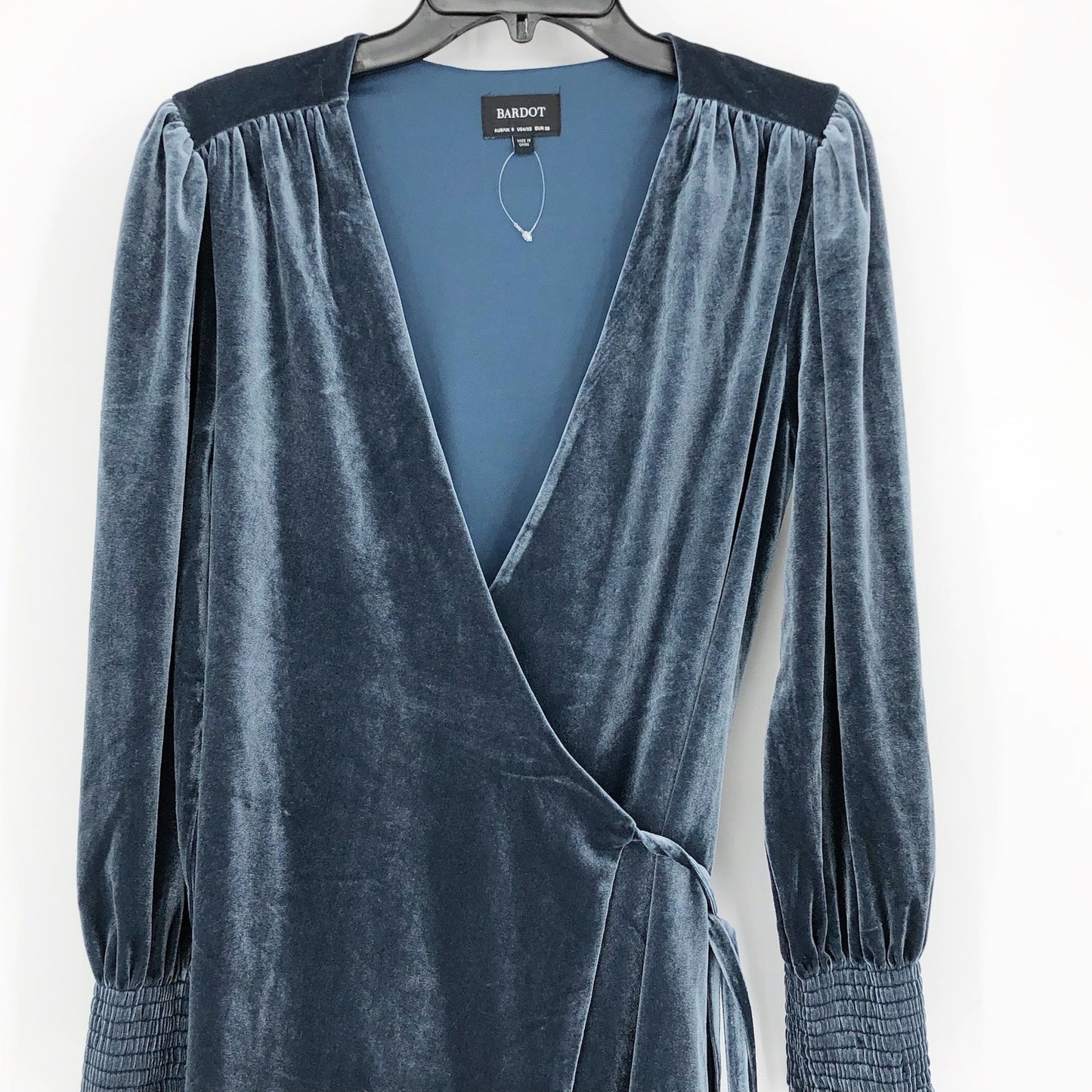 BARDOT Womens Bernie Wrap Mini Dress US 4 XS Blue Velour Long Sleeve NWOT