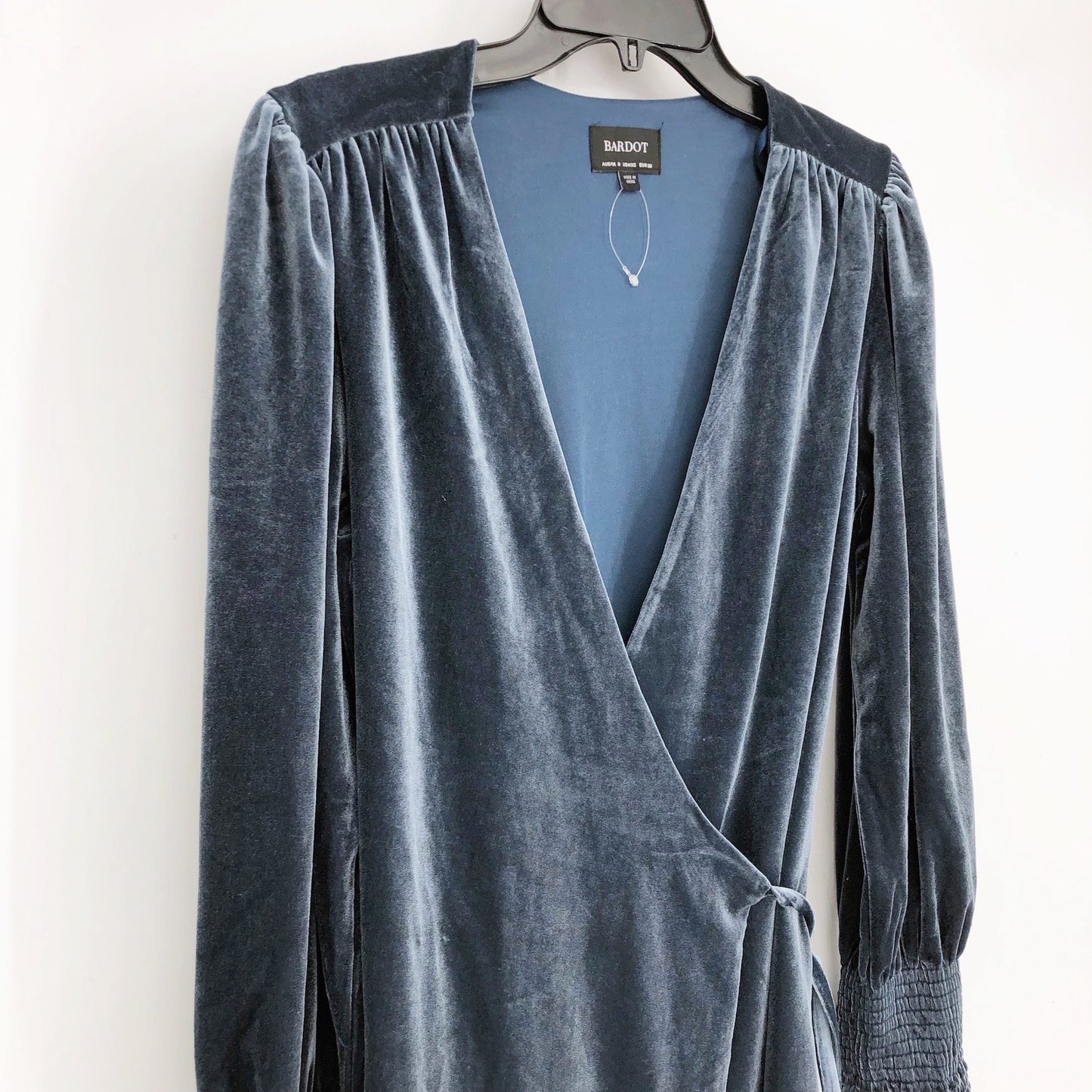 BARDOT Womens Bernie Wrap Mini Dress US 4 XS Blue Velour Long Sleeve NWOT