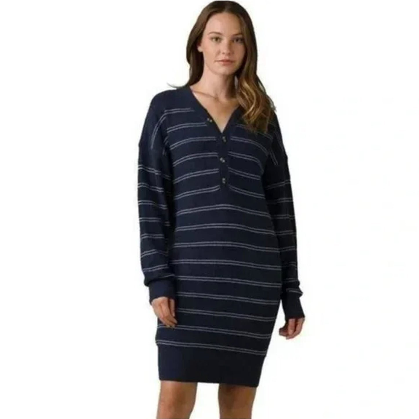 prAna Womens Milani Henley Dress Nautical Stripe Blue Small