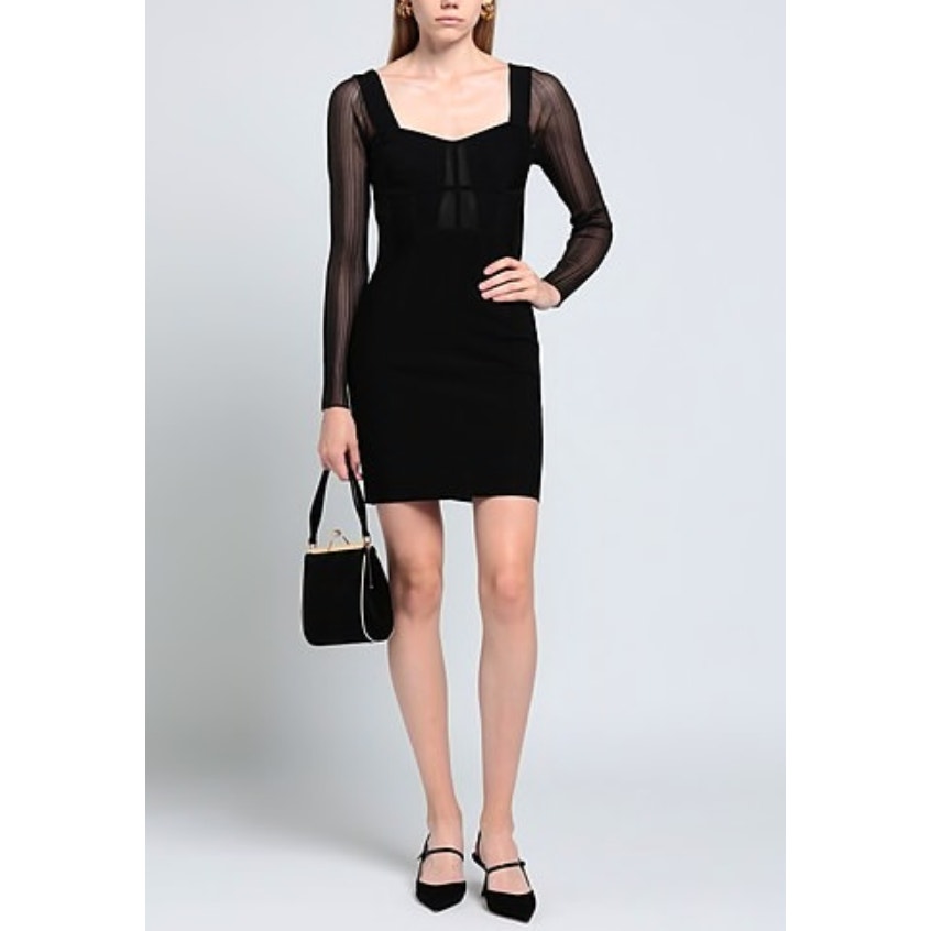 HERVE LEGER PARIS Intarsia Bustier Mini Dress Large Black Sheer Sleeve NWT