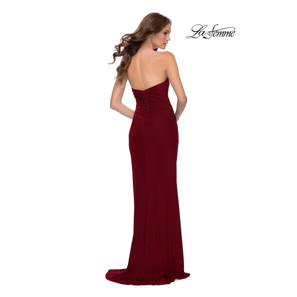 La Femme 29489 Ruched Long Gown Dress 00 Maroon Red Strapless High Slit NWOT