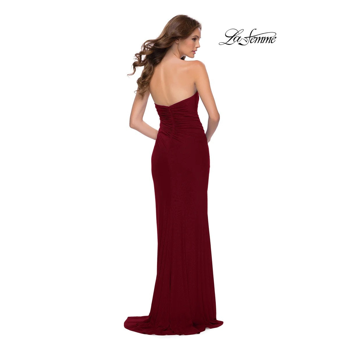 La Femme 29489 Ruched Long Gown Dress 00 Maroon Red Strapless High Slit NWOT