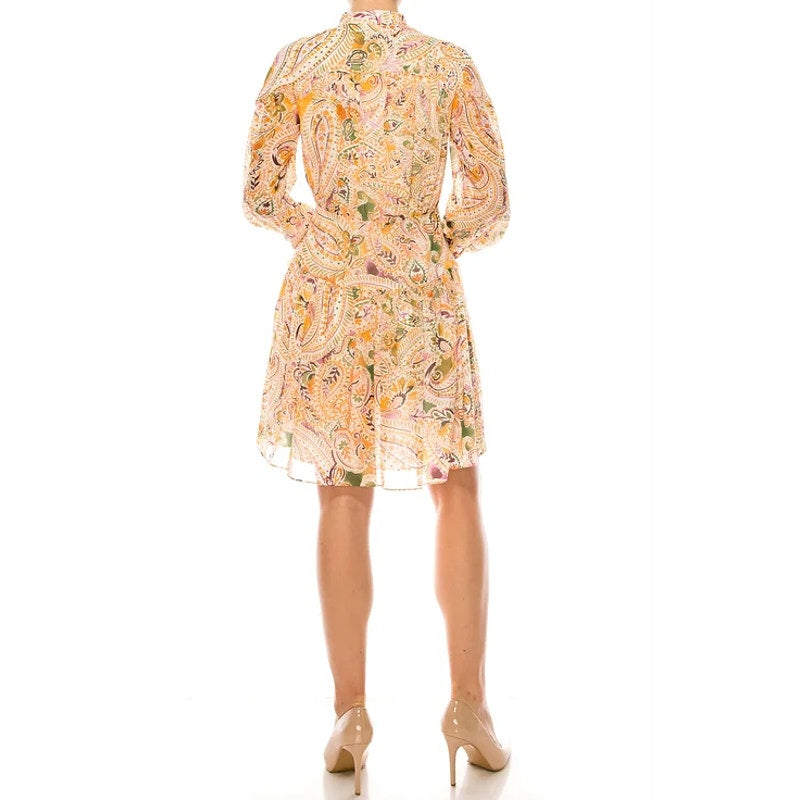 DONNA MORGAN Paisley Shirt Dress Size 0 Soft Yellow Long Sleeve Chiffon NWT