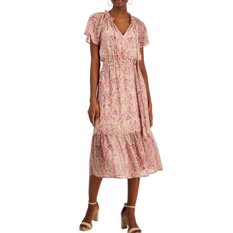 I.N.C. INTERNATIONAL CONCEPTS Midi Dress 4 Pink Blush Combo Paisley Tiered NWT