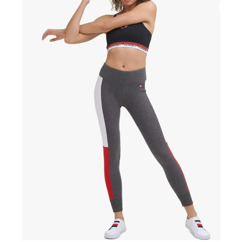 TOMMY HILFIGER SPORT Women's Performance Leggings Large Gray Flag Blocked NWT