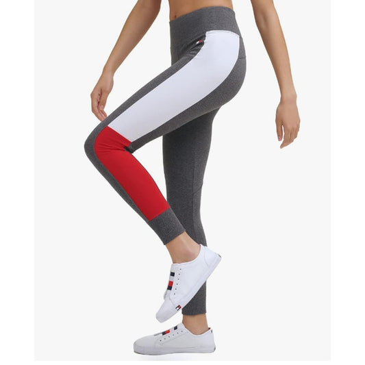 TOMMY HILFIGER SPORT Women's Performance Leggings Large Gray Flag Blocked NWT