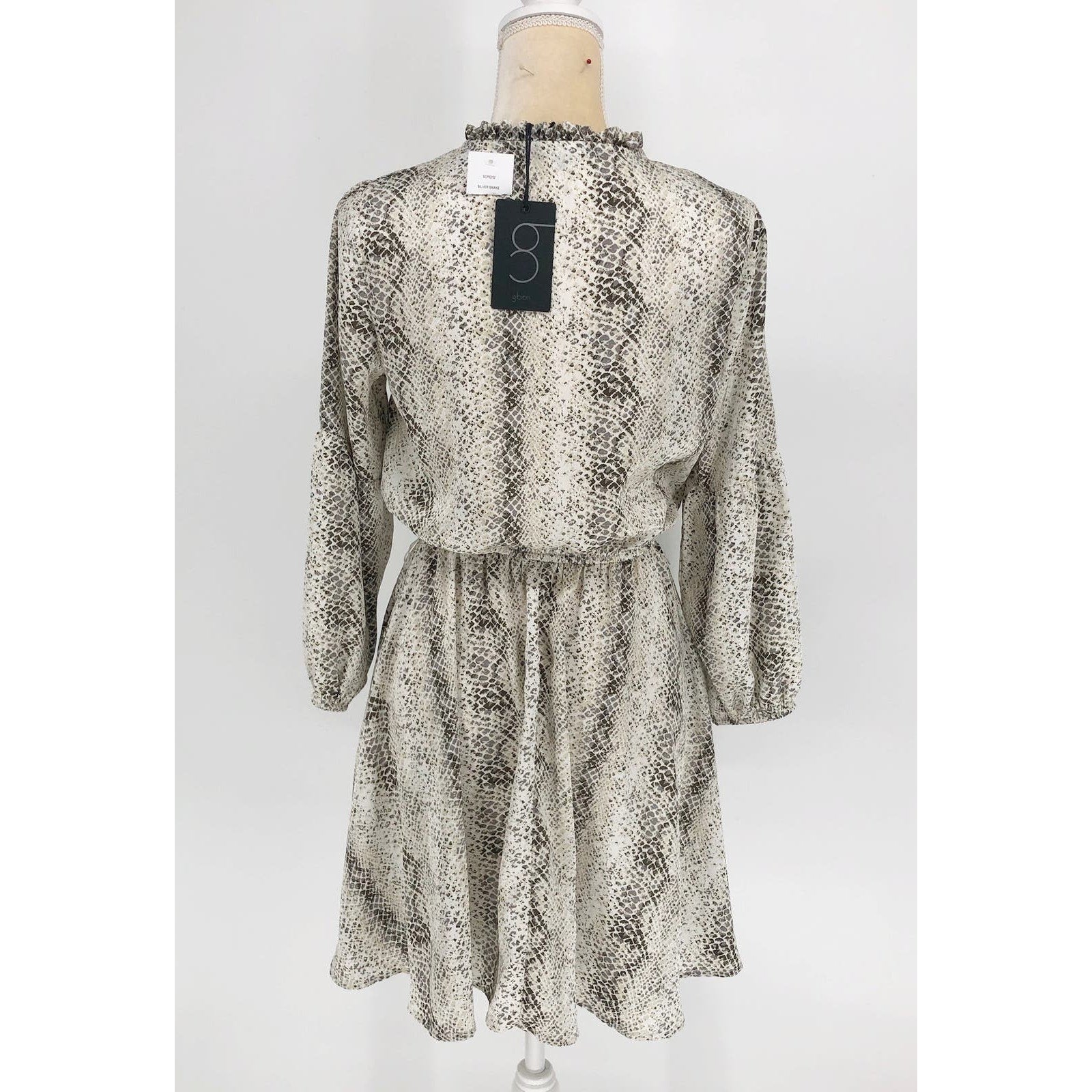 Gibson Womens Dress XS Grey Snake Print Blouson Ruffle Trim Keyhole Mini NWT