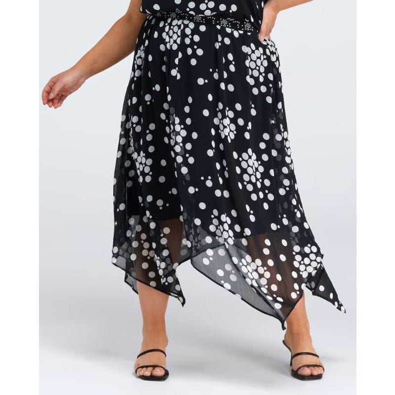 Estelle Womens Adele Spot Midi Skirt 2X Black White Handkerchief Hem NWT