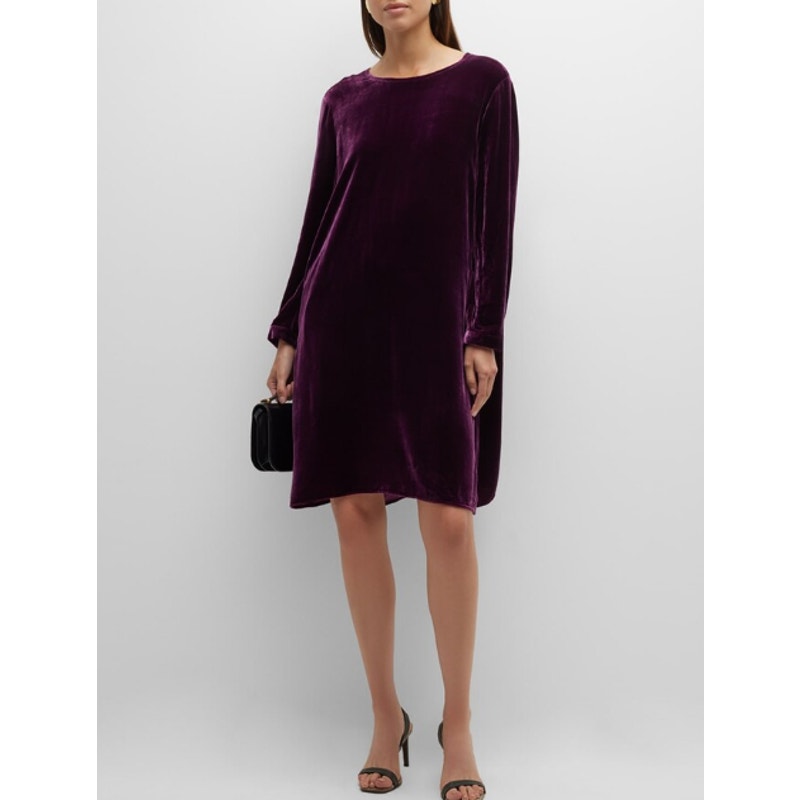 EILEEN FISHER Velvet Mini Shift Dress XXS Purple Plum Long Sleeve NWOT $348
