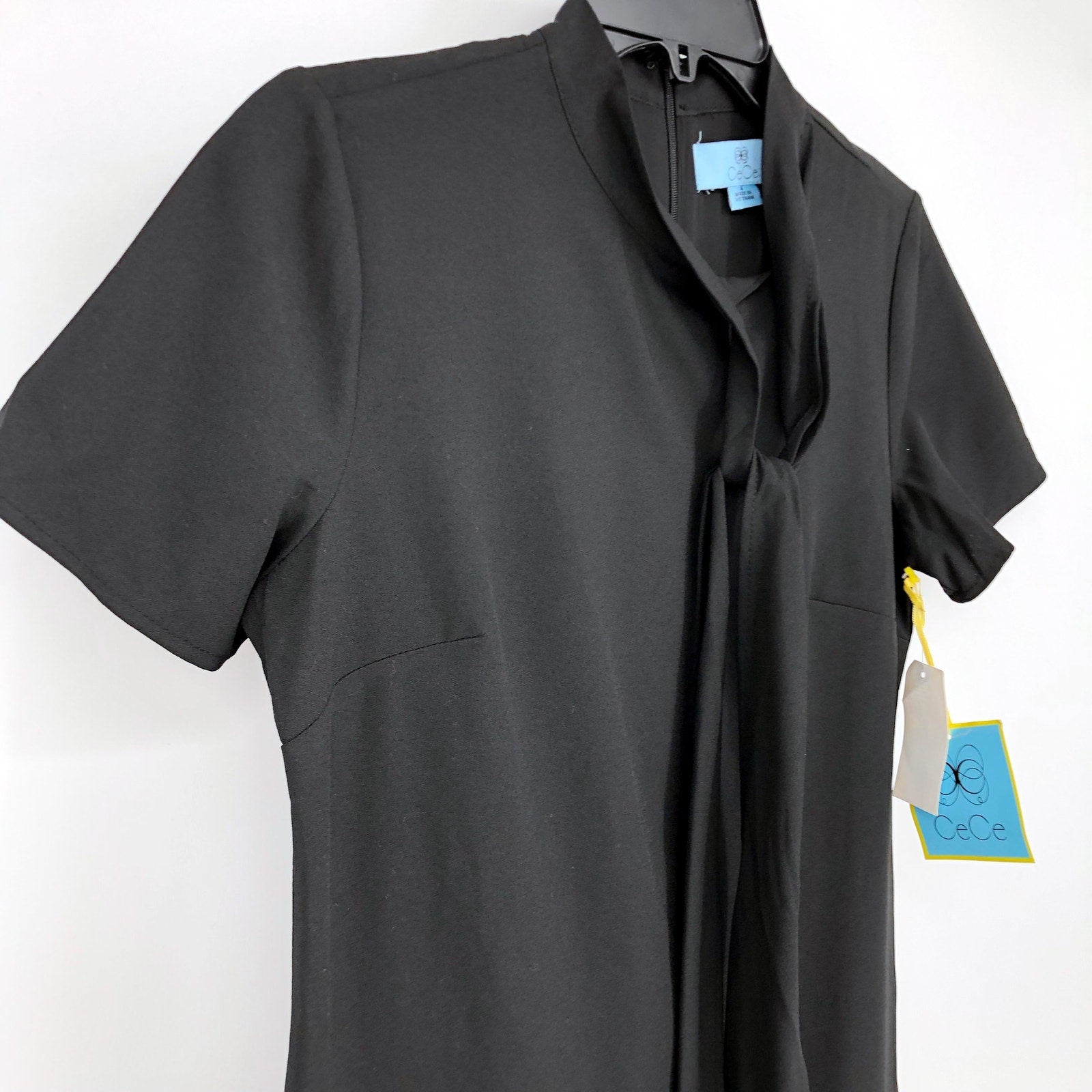 Cece Womens Bow Neck Mini Dress 4 Black Short Sleeve Fit & Flare Cocktail NWT