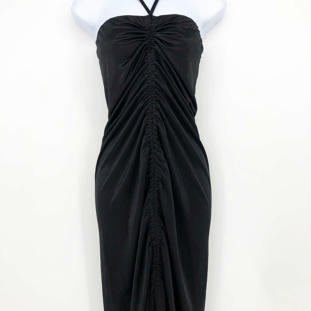 TOPSHOP Women's Bandeau Ruched Halter Midi Dress Black Size 4 Front Vent Slit