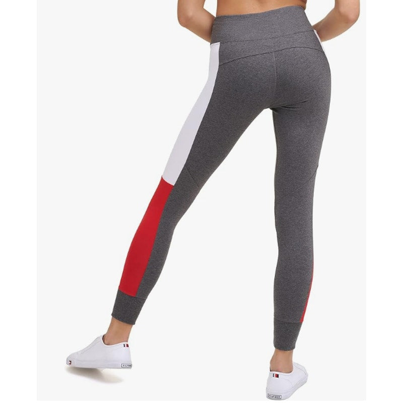 TOMMY HILFIGER SPORT Women's Performance Leggings Large Gray Flag Blocked NWT