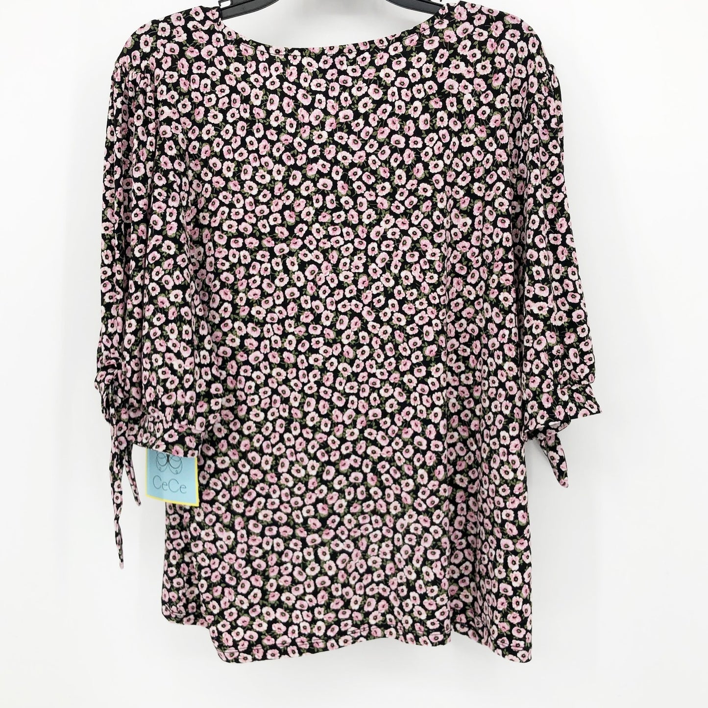 Cece Womens Floral V Neck Blouse Top XL Pink Black Tie Sleeve Pullover NWT