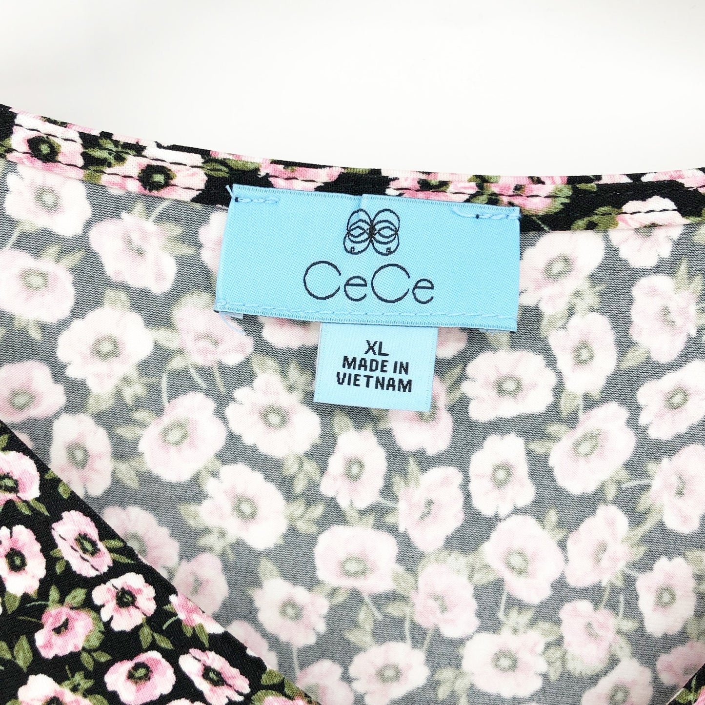 Cece Womens Floral V Neck Blouse Top XL Pink Black Tie Sleeve Pullover NWT