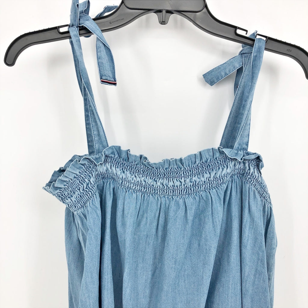 Tommy Hilfiger Womens Chambray Tank Top XL Blue Shoulder Tie Ruffle Smocking NWT