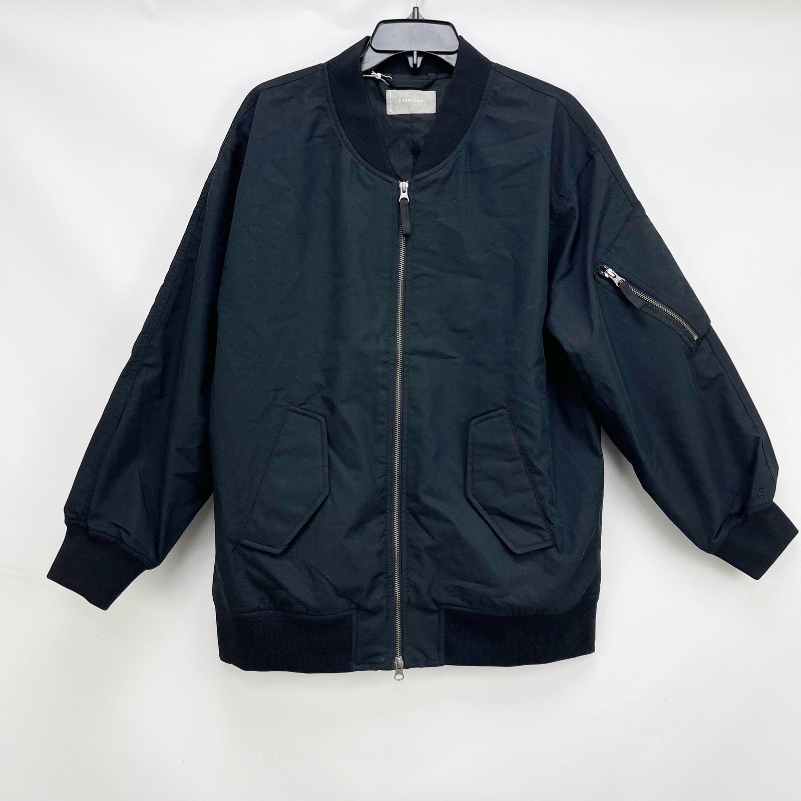 Everlane Womens Cotton Bomber Jacket XXS Black Oversized Zip Front NWT