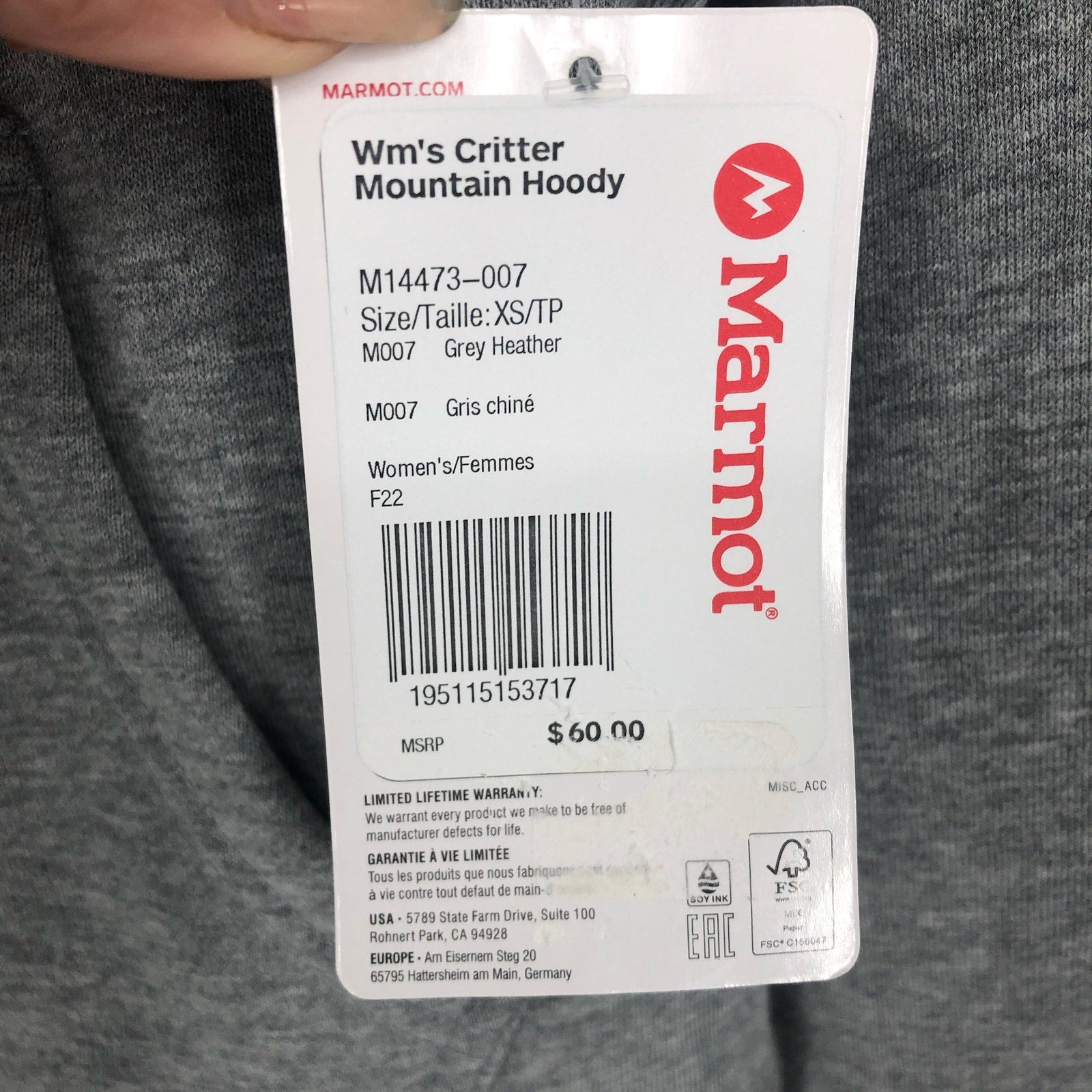 Marmot Women's Critter Mountain Hoodie Sweatshirt XS Grey Pullover NWT