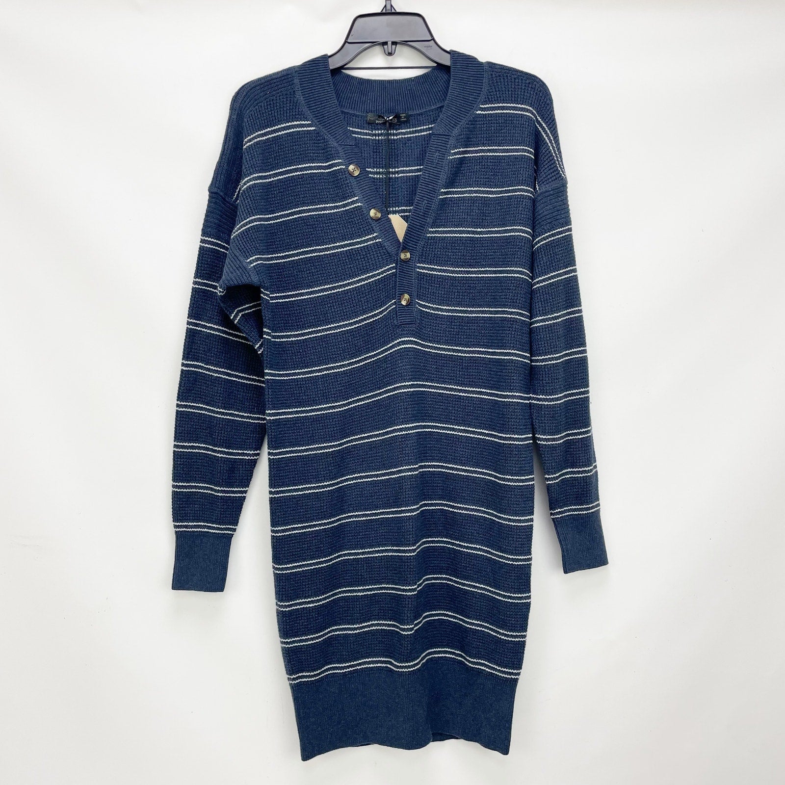 prAna Womens Milani Henley Dress Small Nautical Stripe Blue Thermal Knit NWT