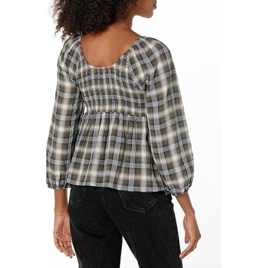 TOMMY JEANS Women's Plaid Peplum Top XS Green Thyme 3/4 Sleeve NWT