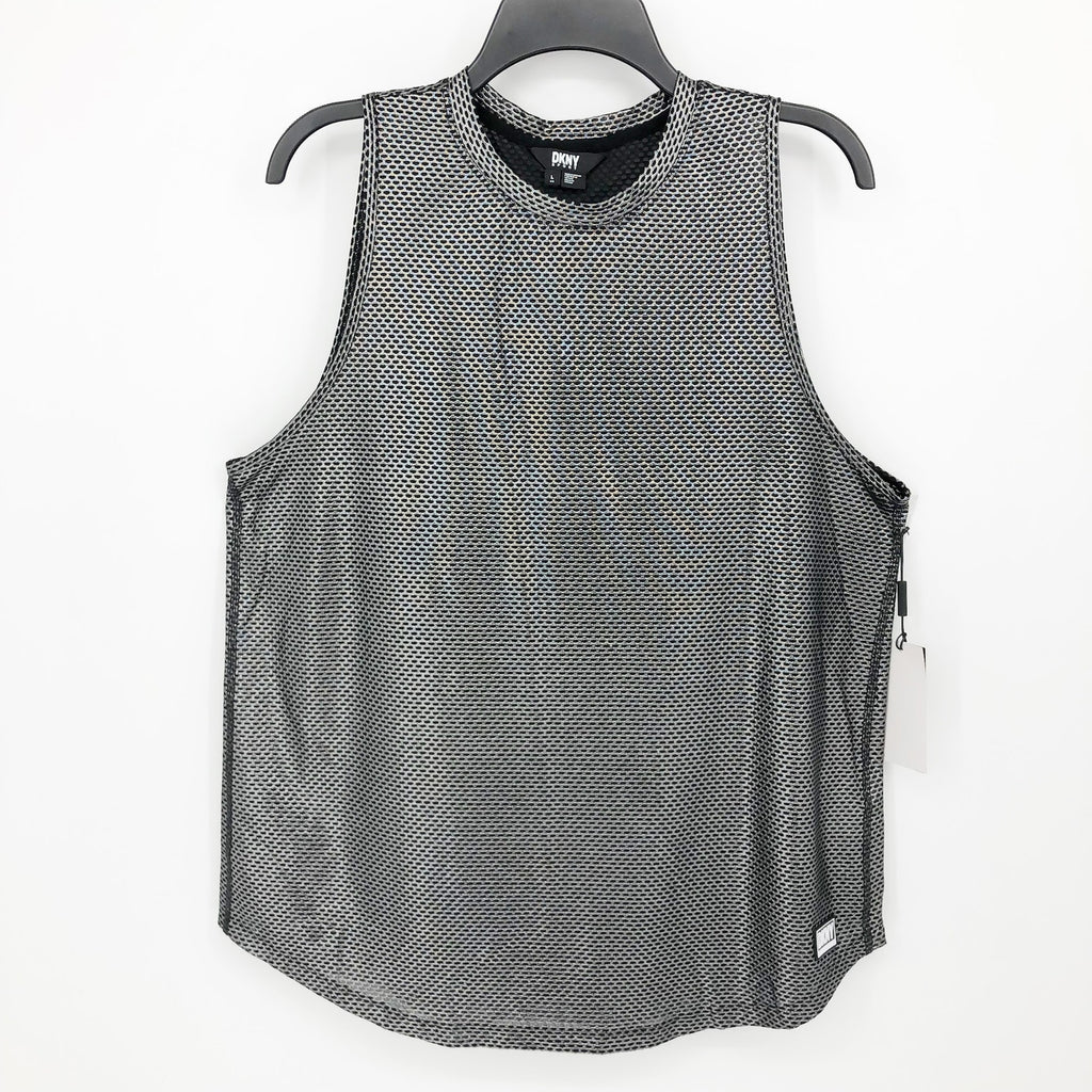 DKNY Sport Womens Honeycomb Mesh Sleeveless Top Large Silver Black NWT