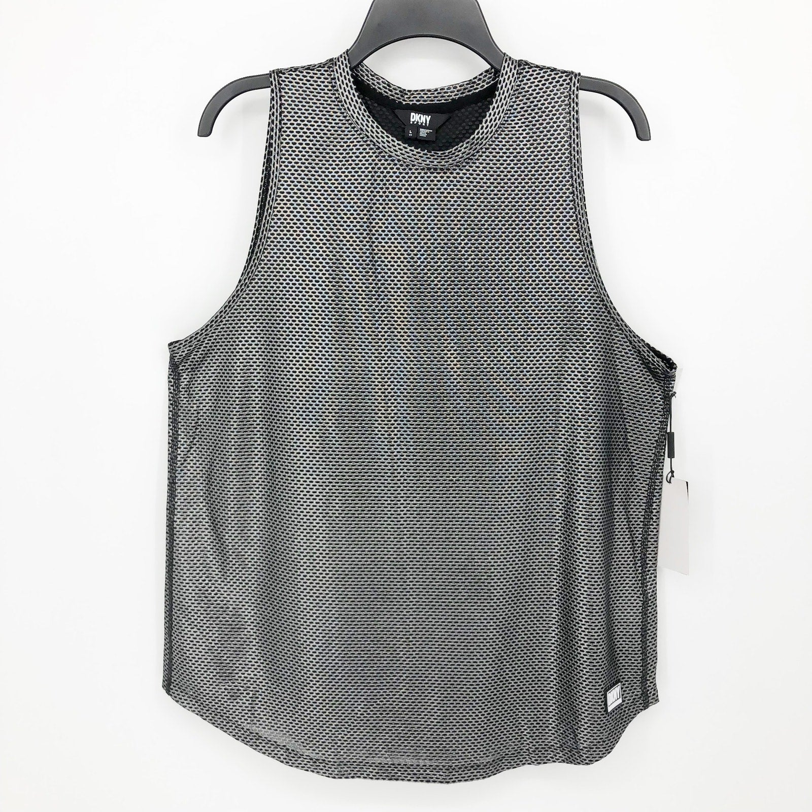 DKNY Sport Womens Honeycomb Mesh Sleeveless Top Large Silver Black NWT