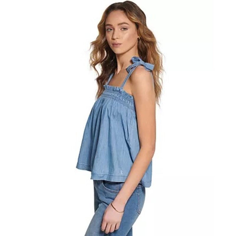 Tommy Hilfiger Womens Chambray Tank Top XL Blue Shoulder Tie Ruffle Smocking NWT