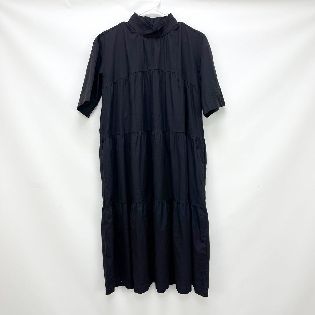 Everlane Womens Tiered Mock Neck Dress XS Black Short Sleeve Prairie Cotton NWT