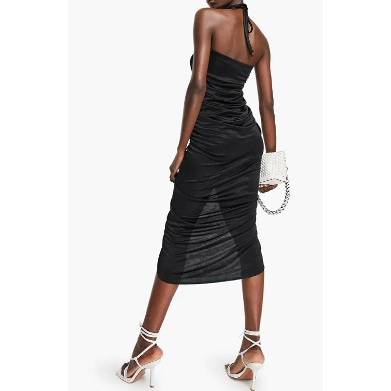 TOPSHOP Women's Bandeau Ruched Halter Midi Dress Black Size 4 Front Vent Slit