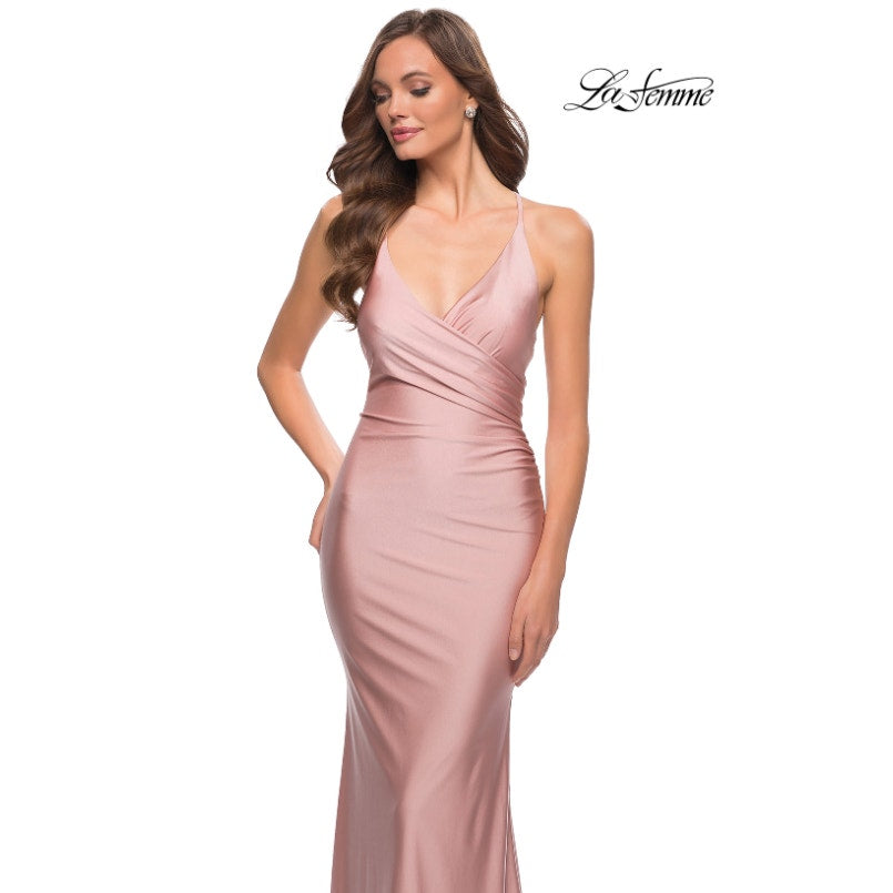 LA FEMME 29848 Jersey Long Gown 0 Pink Mauve Faux Wrap V Neck Prom Dress NWT