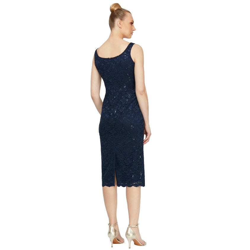 SLNY Sequined Lace Sheath Dress Size 12 Navy Blue Cocktail Sleeveless NWOT