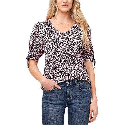 Cece Womens Floral V Neck Blouse Top XL Pink Black Tie Sleeve Pullover NWT