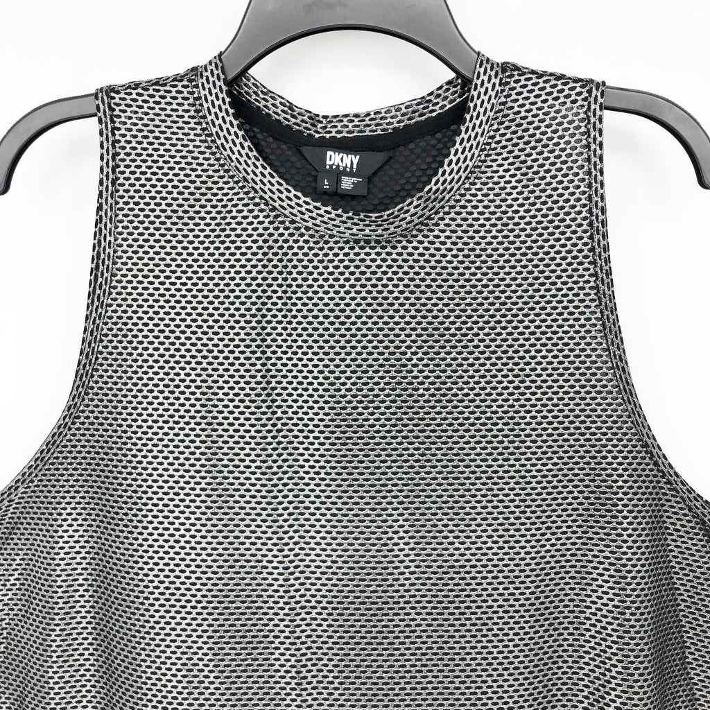 DKNY Sport Womens Honeycomb Mesh Sleeveless Top Large Silver Black NWT