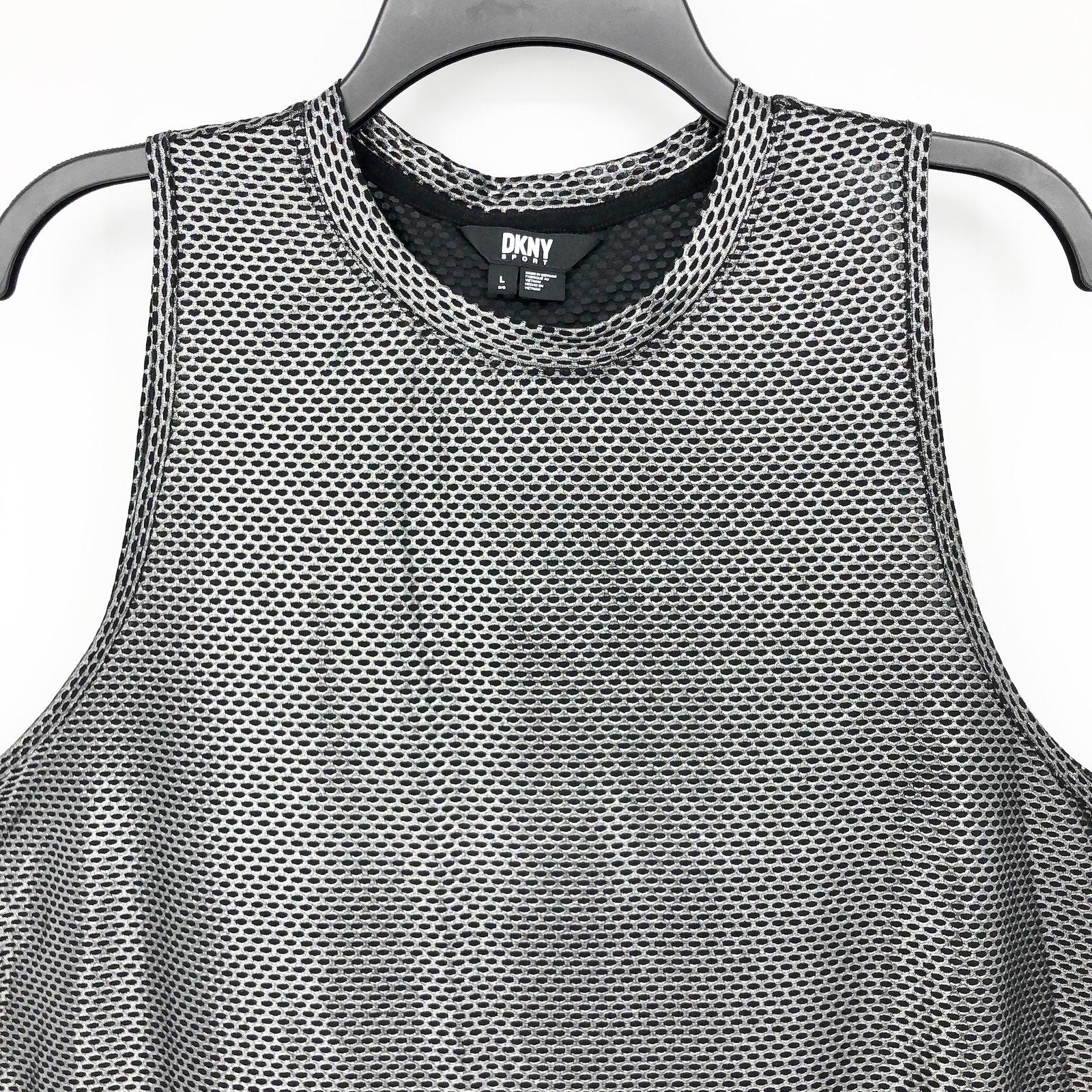 DKNY Sport Womens Honeycomb Mesh Sleeveless Top Large Silver Black NWT