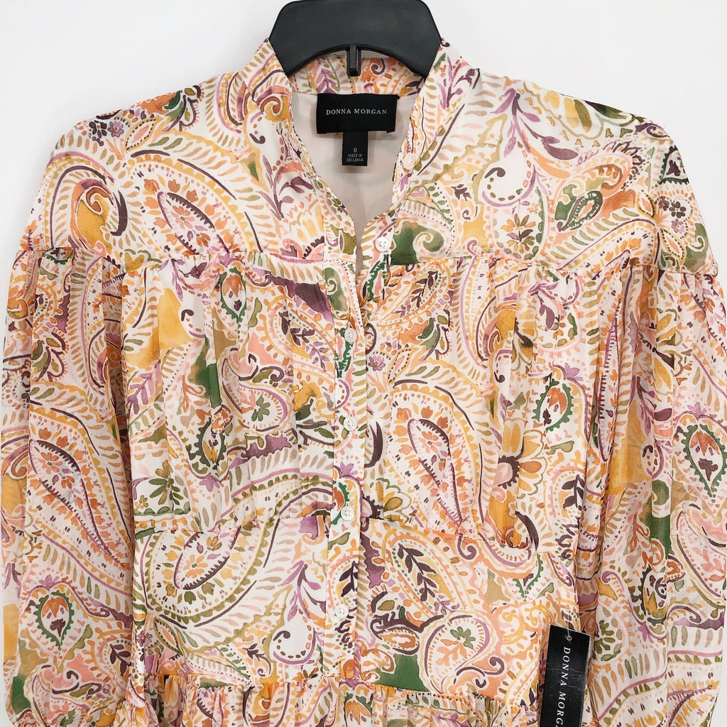 DONNA MORGAN Paisley Shirt Dress Size 0 Soft Yellow Long Sleeve Chiffon NWT