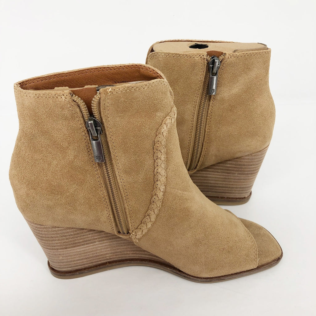 Lucky Brand Womens Lureli Wedge Booties Size 7.5 Tan Peep Toe Suede NWOB