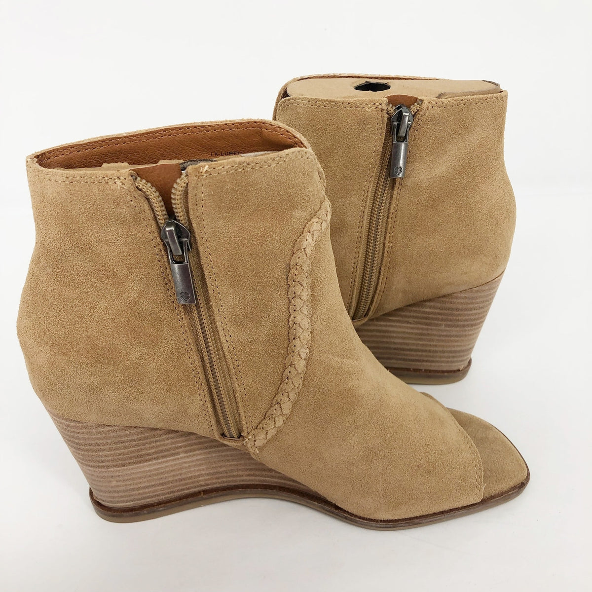 Lucky Brand Womens Lureli Wedge Booties Size 7.5 Tan Peep Toe Suede NWOB