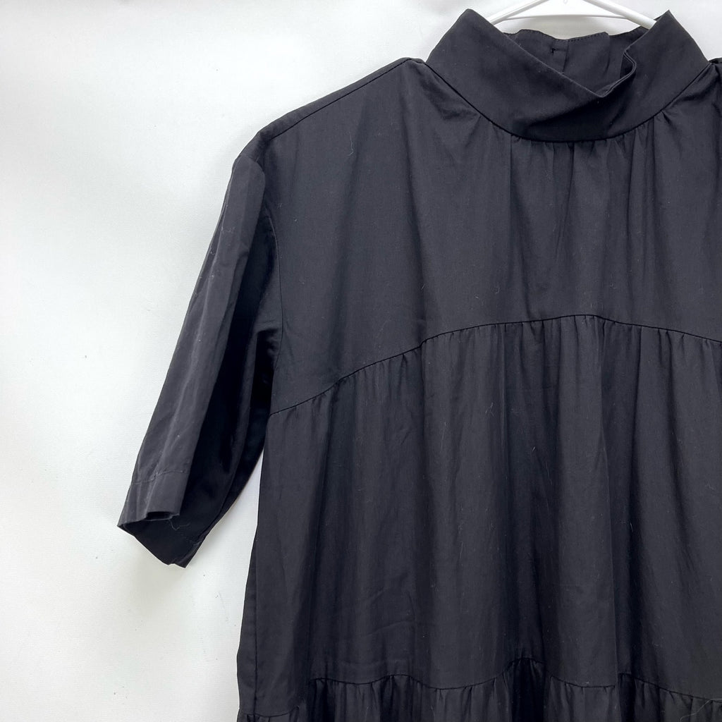 Everlane Womens Tiered Mock Neck Dress XS Black Short Sleeve Prairie Cotton NWT