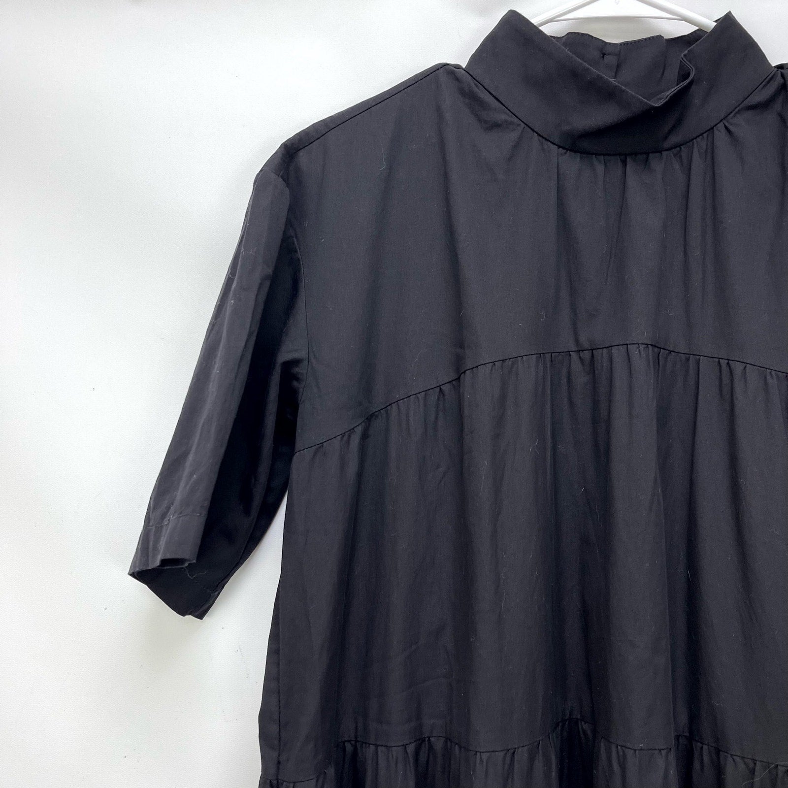 Everlane Womens Tiered Mock Neck Dress XS Black Short Sleeve Prairie Cotton NWT