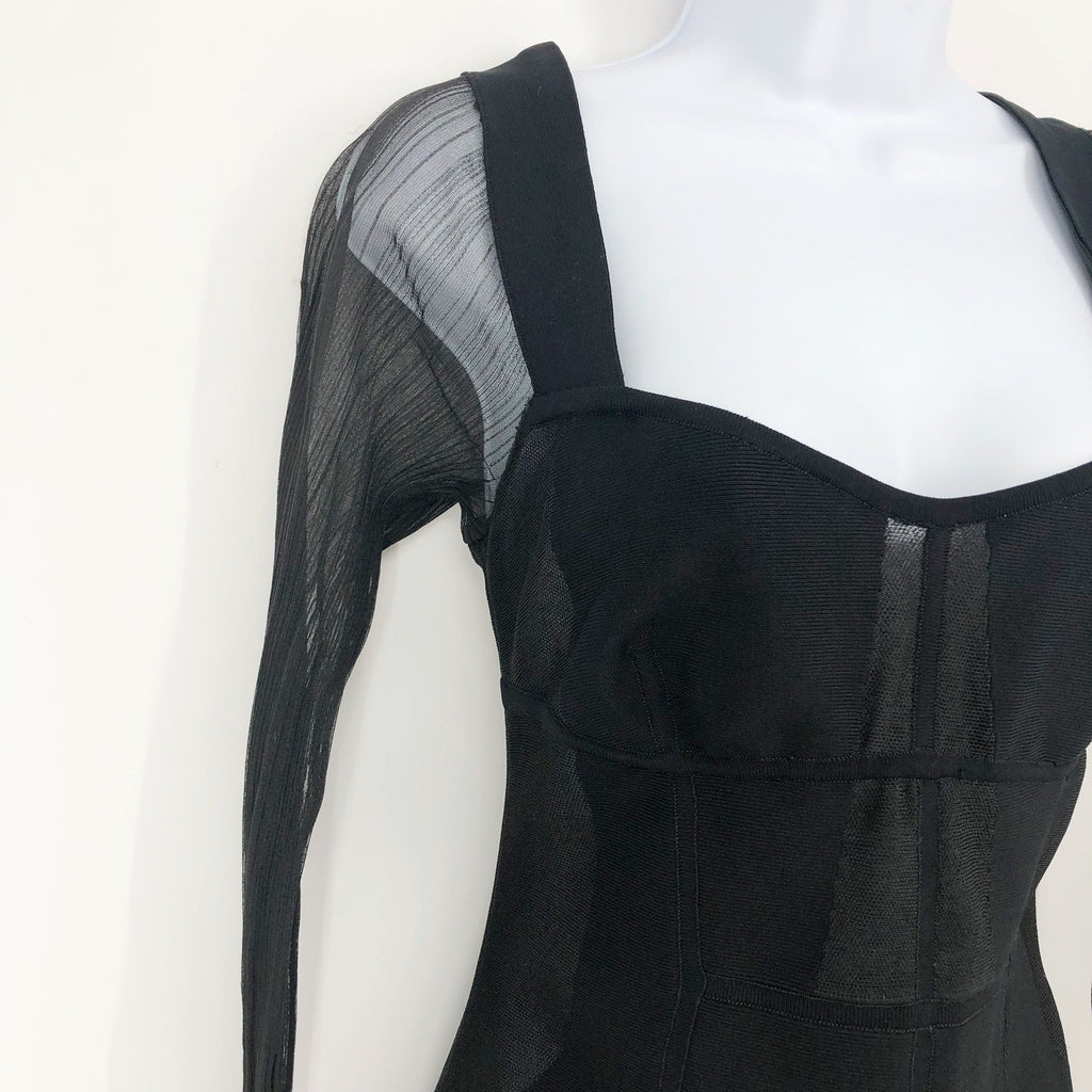 HERVE LEGER PARIS Intarsia Bustier Mini Dress Large Black Sheer Sleeve NWT