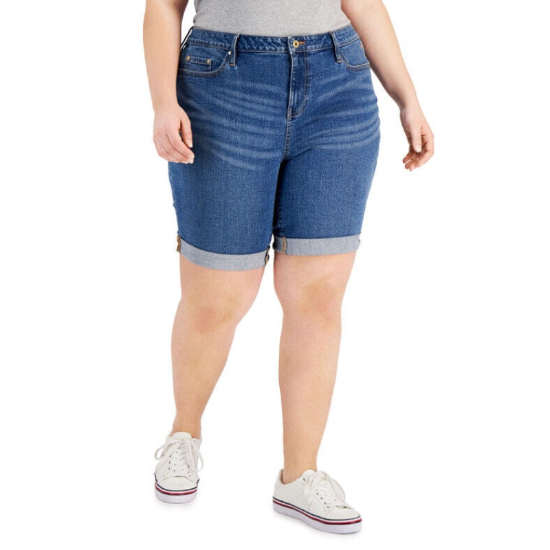 TOMMY HILFIGER Women's TH Flex Denim Shorts 24W Blue Cuffed 9" Inseam Cuffed NWT
