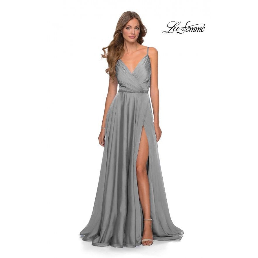 La Femme Womens Chiffon A Line Prom Dress 2 Silver Pleated Formal NWT FLAWS