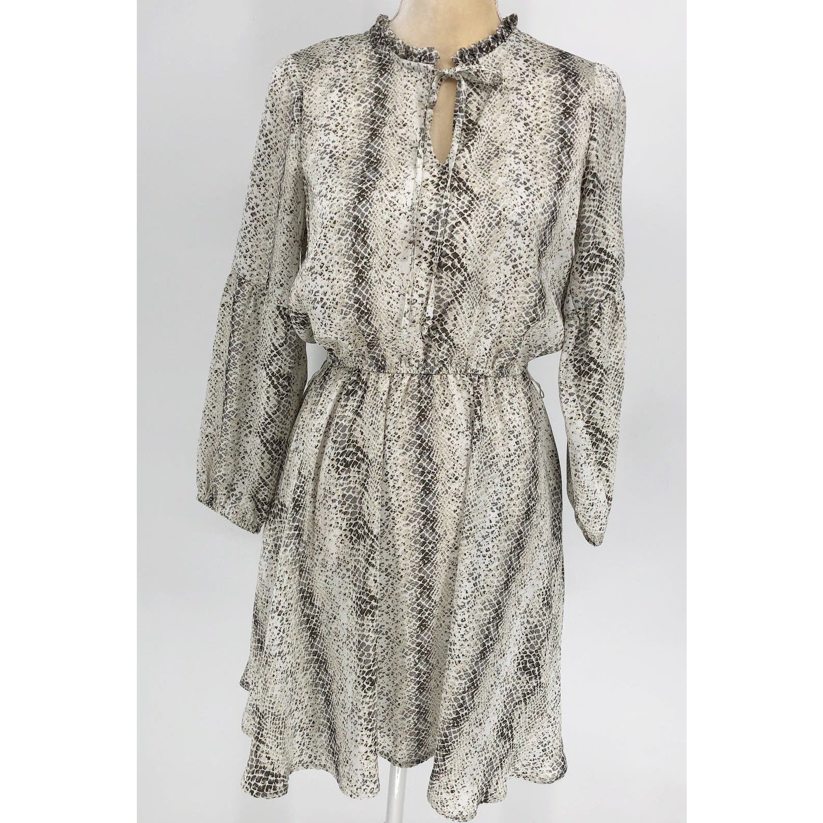 Gibson Womens Dress XS Grey Snake Print Blouson Ruffle Trim Keyhole Mini NWT