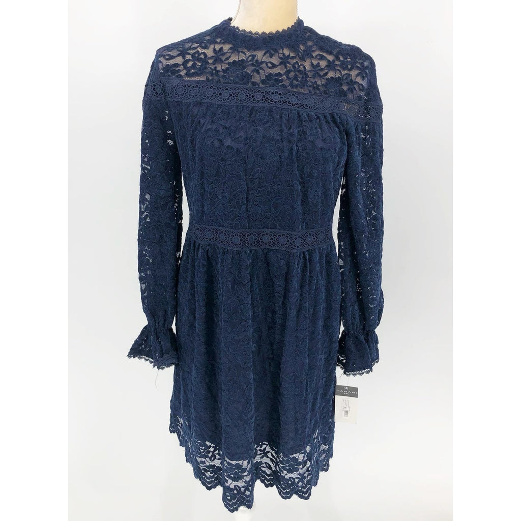 Tahari ASL Womens Chenile Lace Dress SIZE 4 Blue Long Sleeve Mock Neck NWT