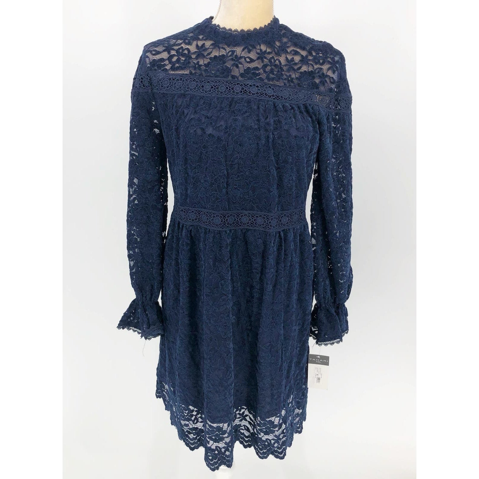 Tahari ASL Womens Chenile Lace Dress SIZE 4 Blue Long Sleeve Mock Neck NWT