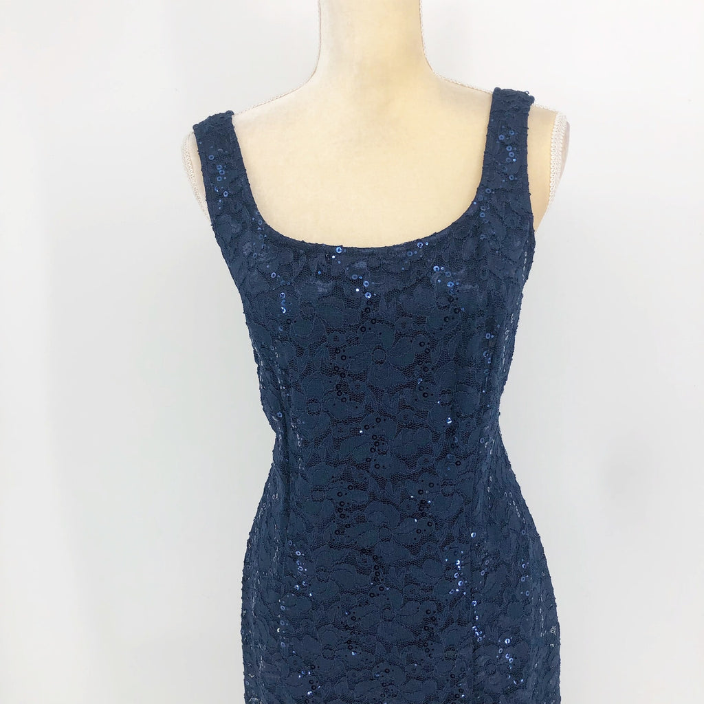 SLNY Sequined Lace Sheath Dress Size 12 Navy Blue Cocktail Sleeveless NWOT