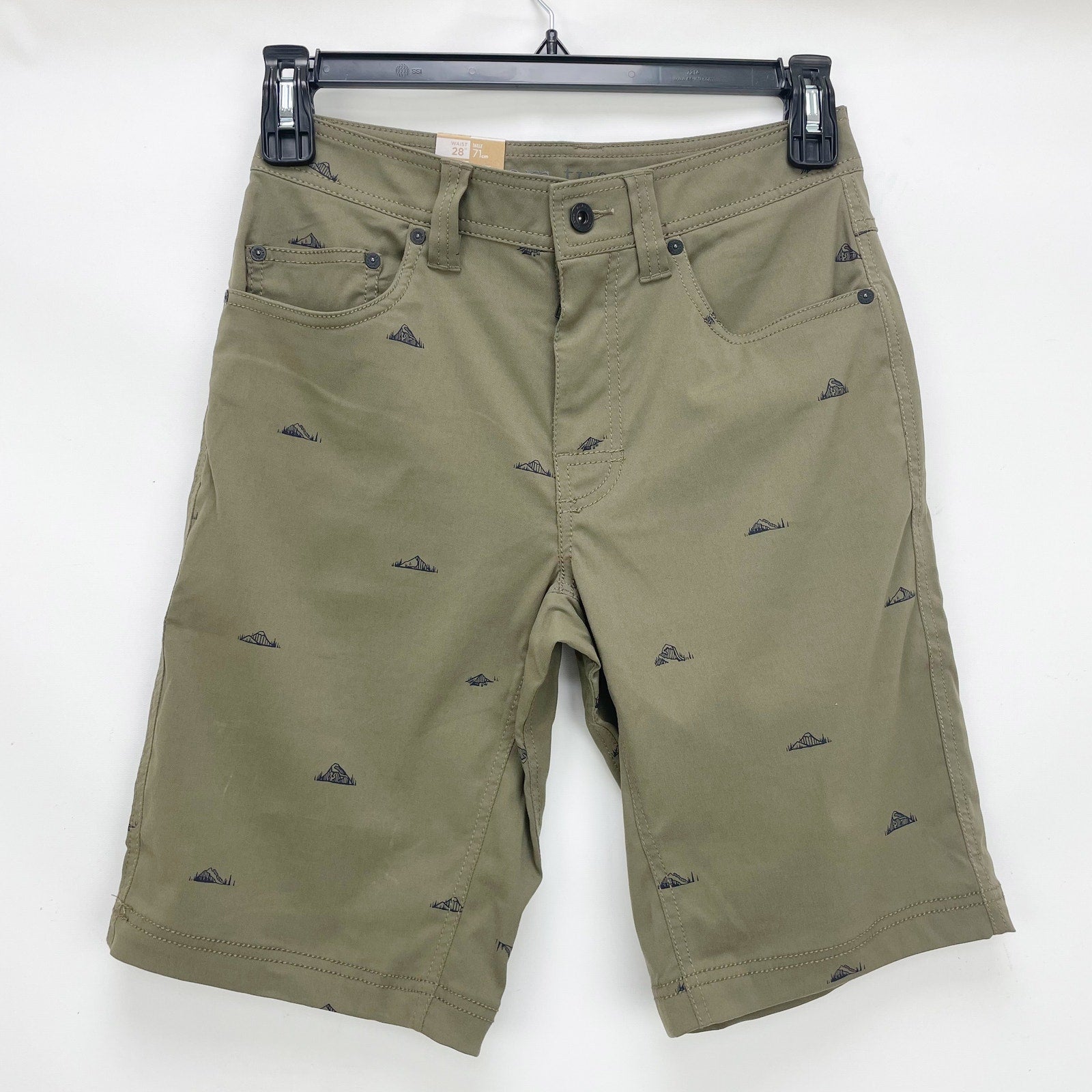 prAna Mens Brion Shorts Size 28 Slate Green Mountain Print 11 inch Inseam NWT