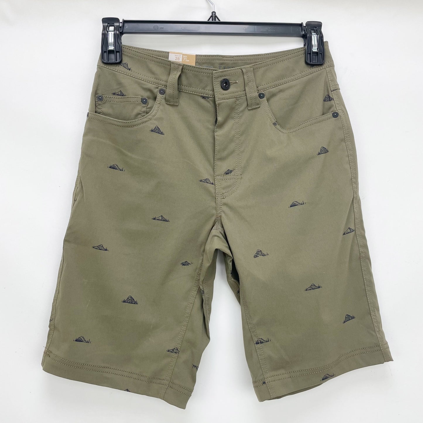 prAna Mens Brion Shorts Size 28 Slate Green Mountain Print 11 inch Inseam