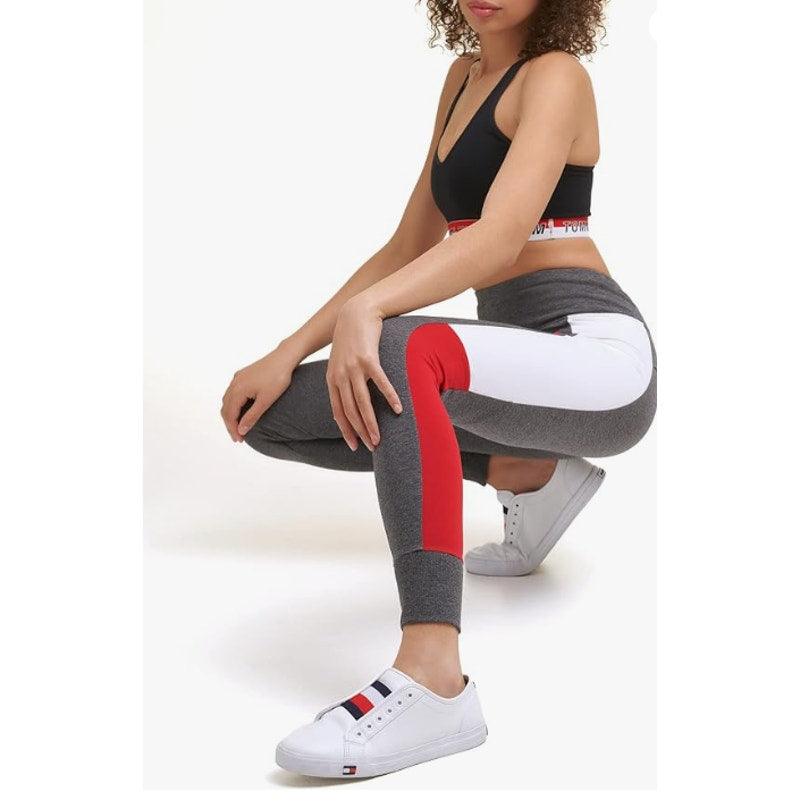 TOMMY HILFIGER SPORT Women's Performance Leggings Large Gray Flag Blocked NWT