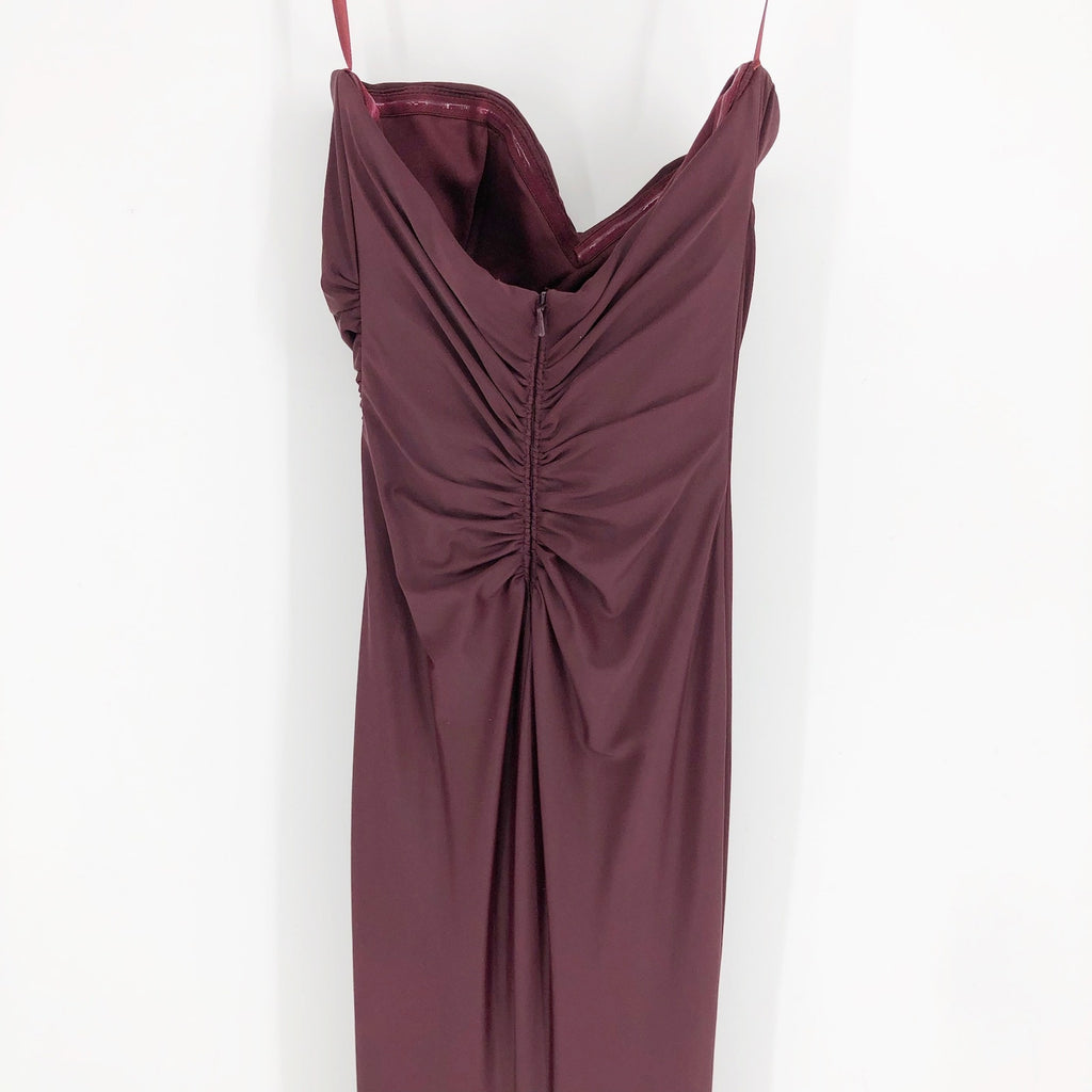 La Femme 29489 Ruched Long Gown Dress 00 Maroon Red Strapless High Slit NWOT