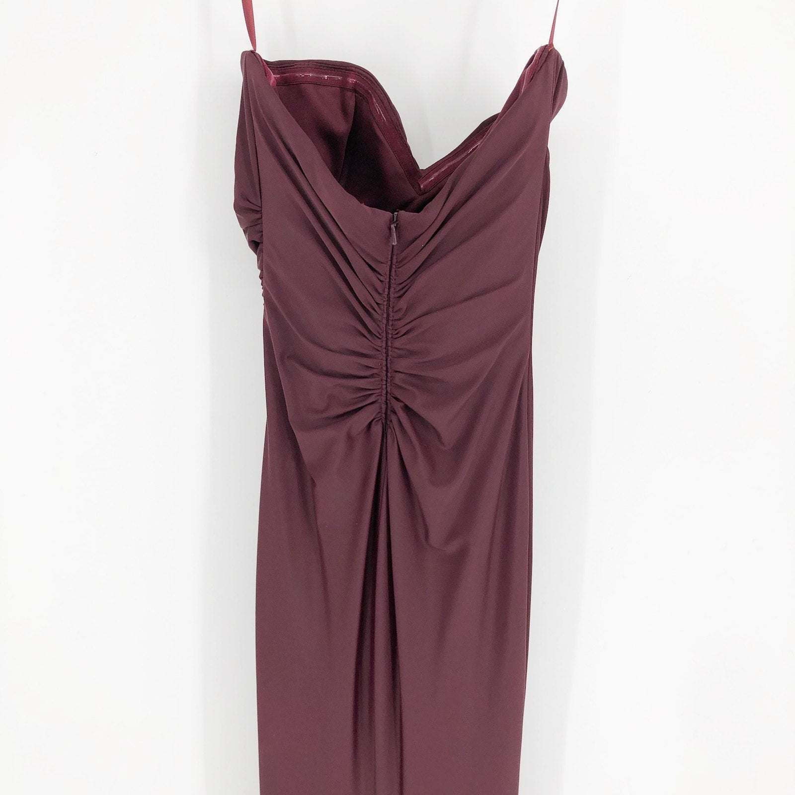 La Femme 29489 Ruched Long Gown Dress 00 Maroon Red Strapless High Slit NWOT